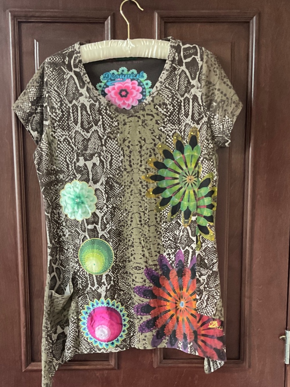 Desigual Olive Snake-Print Tee with Multicolor Floral Medallions